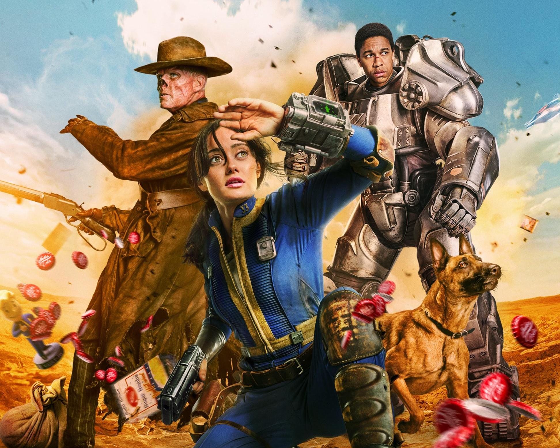 In mid-action: a ghoul cowboy; a woman in a bright blue and yellow jumpsuit; a man in power suit armor; & a German Shepherd.