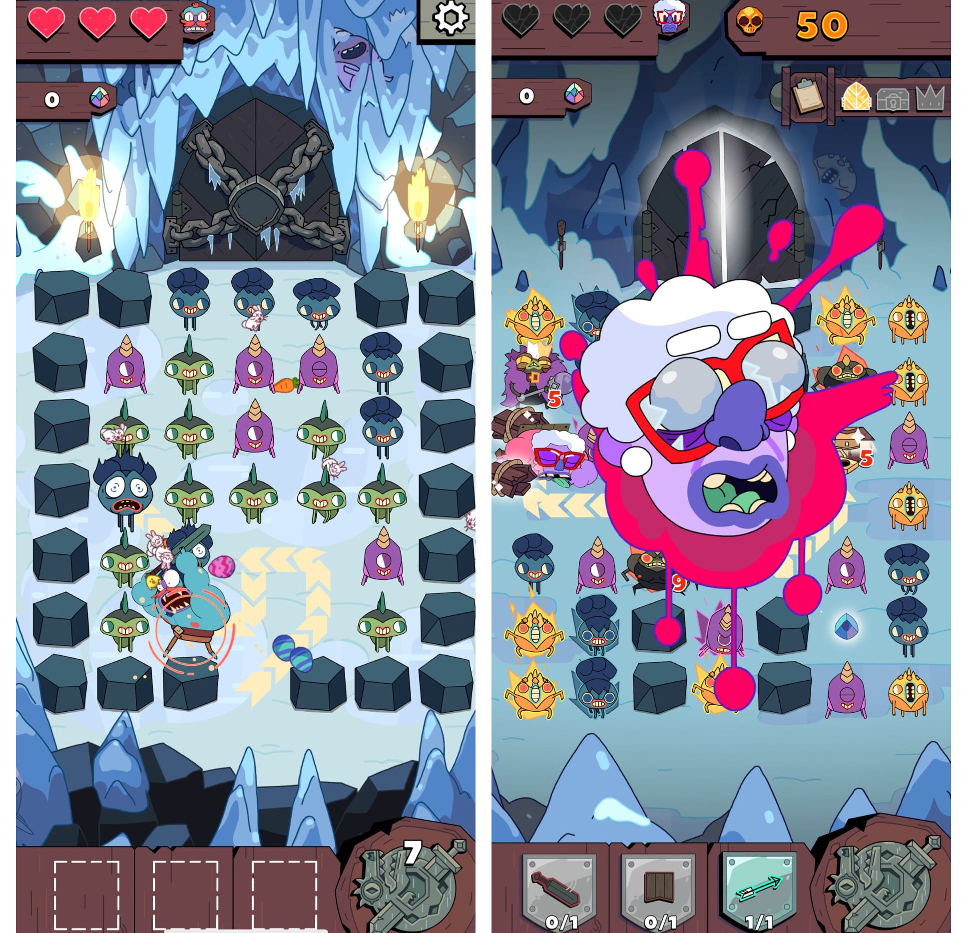 Two images of a color matching puzzle game. Left shows a man busting through green creeps. Right shows the death screen with a bug-eyed head on a splat of blood.