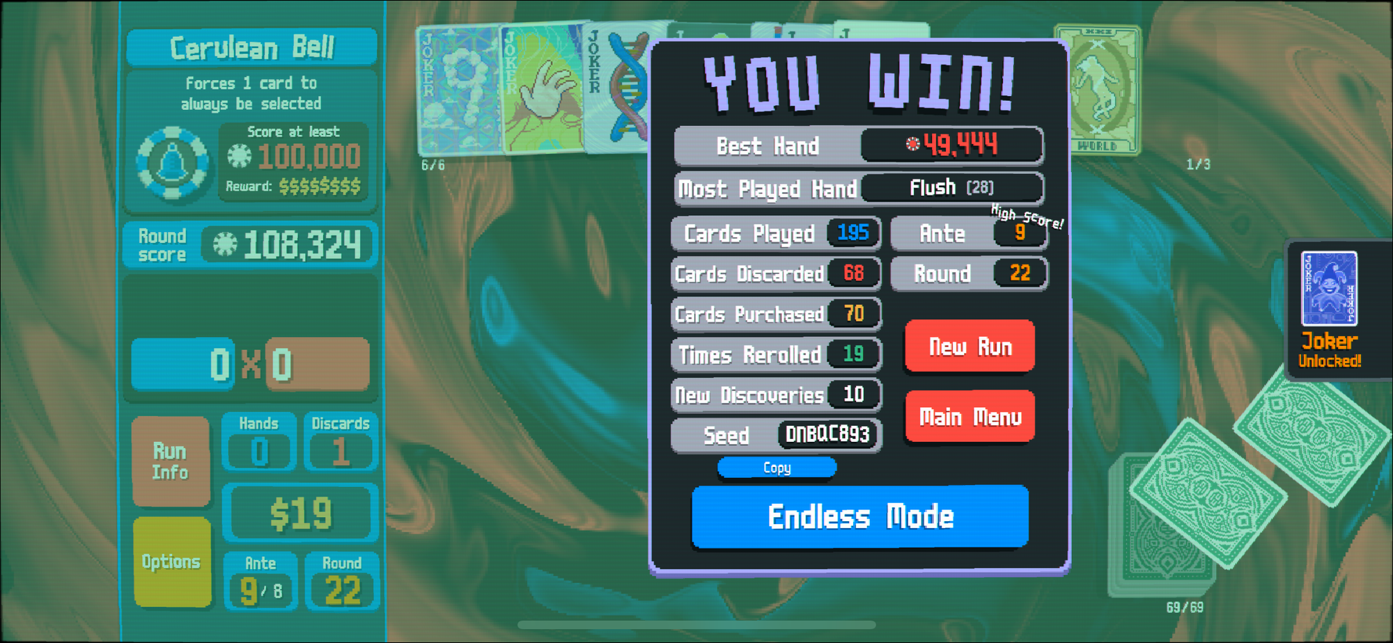 "You Win!" screen showing various stats from the previous game.