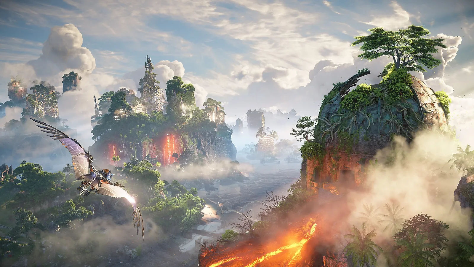 A woman rides a machine pterodactyl over a lush green valley, with lava flowing from nearby peaks.