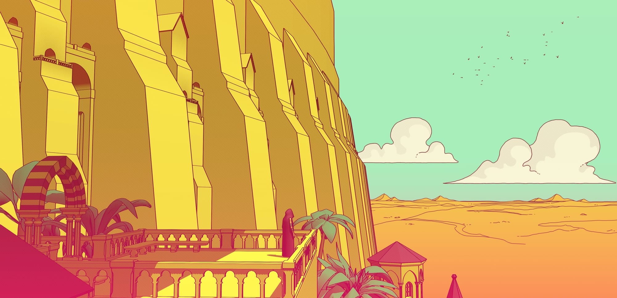 Vibrant line art, showing a robed figure standing on the balcony of a bright yellow tower overlooking an orange desert under a teal sky.