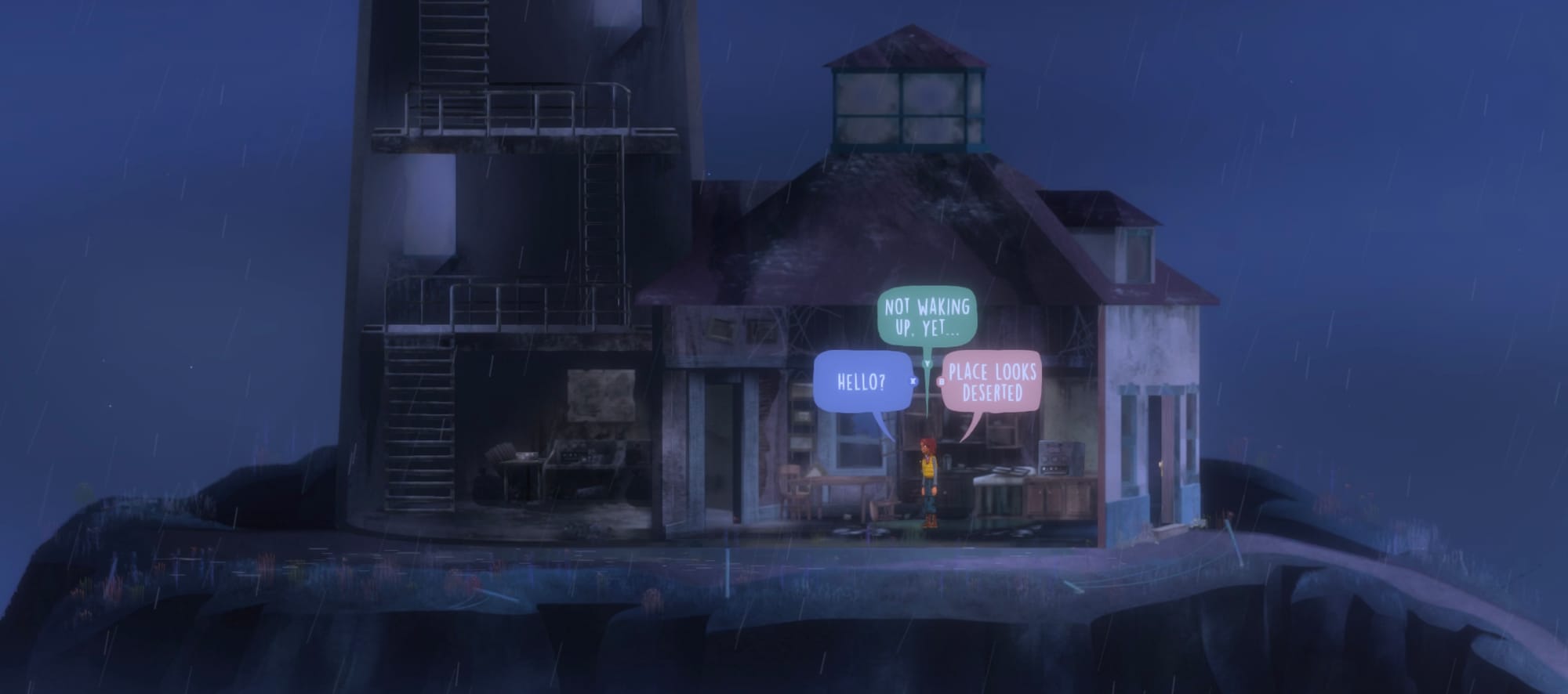 A foggy scene of a woman standing in the house by an old lighthouse, with three dialog options in colored bubbles: "Hello?", "Not waking up yet...", and "Place looks deserted."