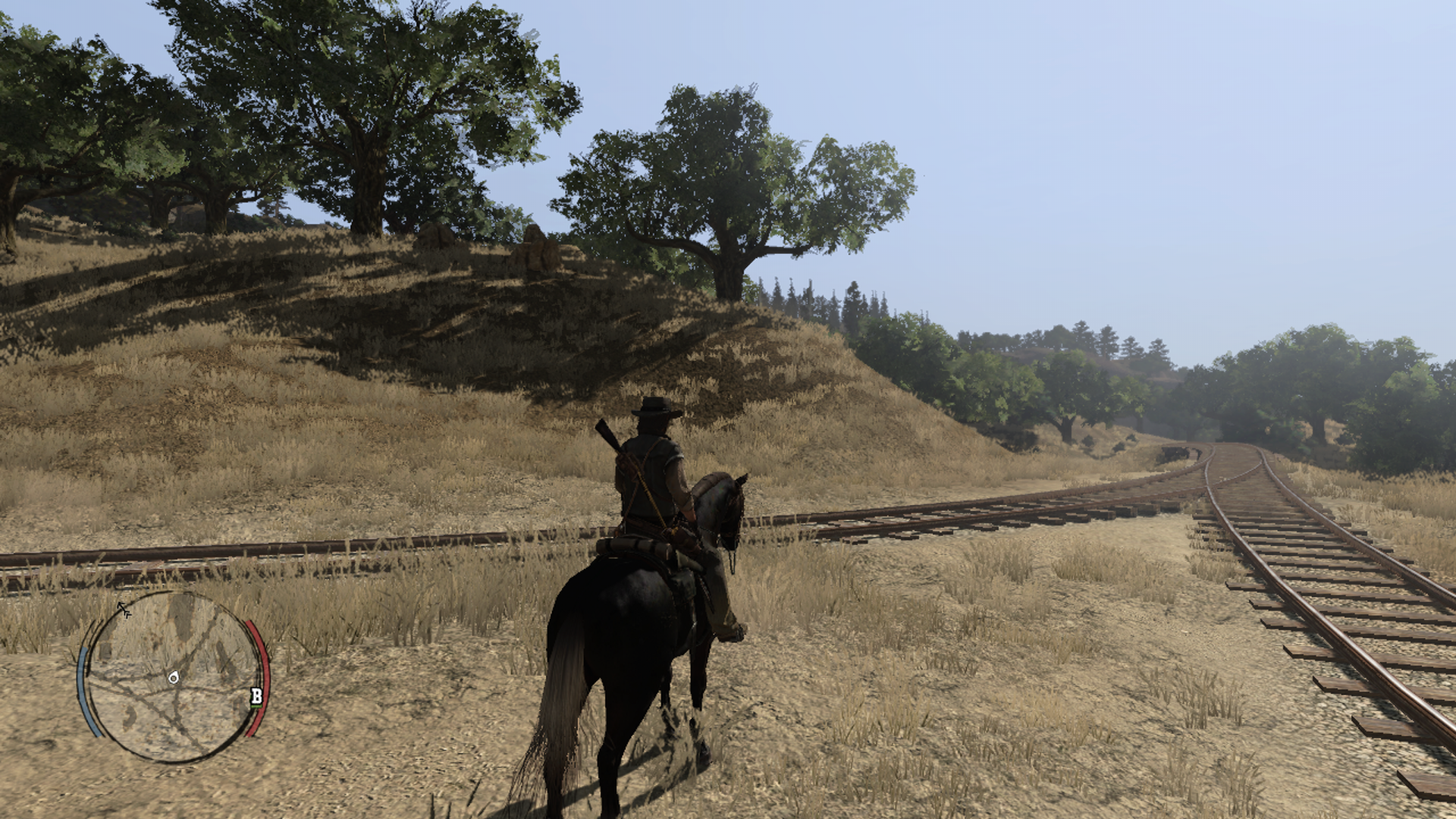 Computer game art showing a cowboy on a horse next to train tracks in the dusty west. A small map is in the lower left corner.