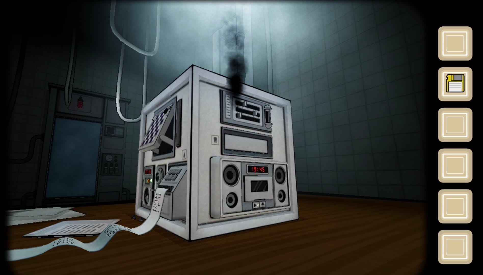 Illustration of a 3D digital image of a pseudo-futuristic puzzle cube on a table. The cube has various mechanisms, including a tape deck, a printer unleashing a ribbon of ticker tape, and a vent spewing smoke. On the right is a series of boxes, where the player can access the items they collected, including a floppy disk.